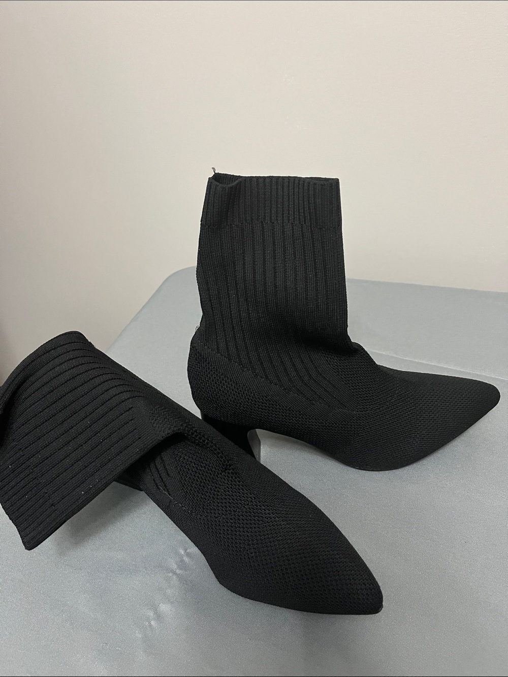 Black Knit Pointed Toe Ankle Boots - Women